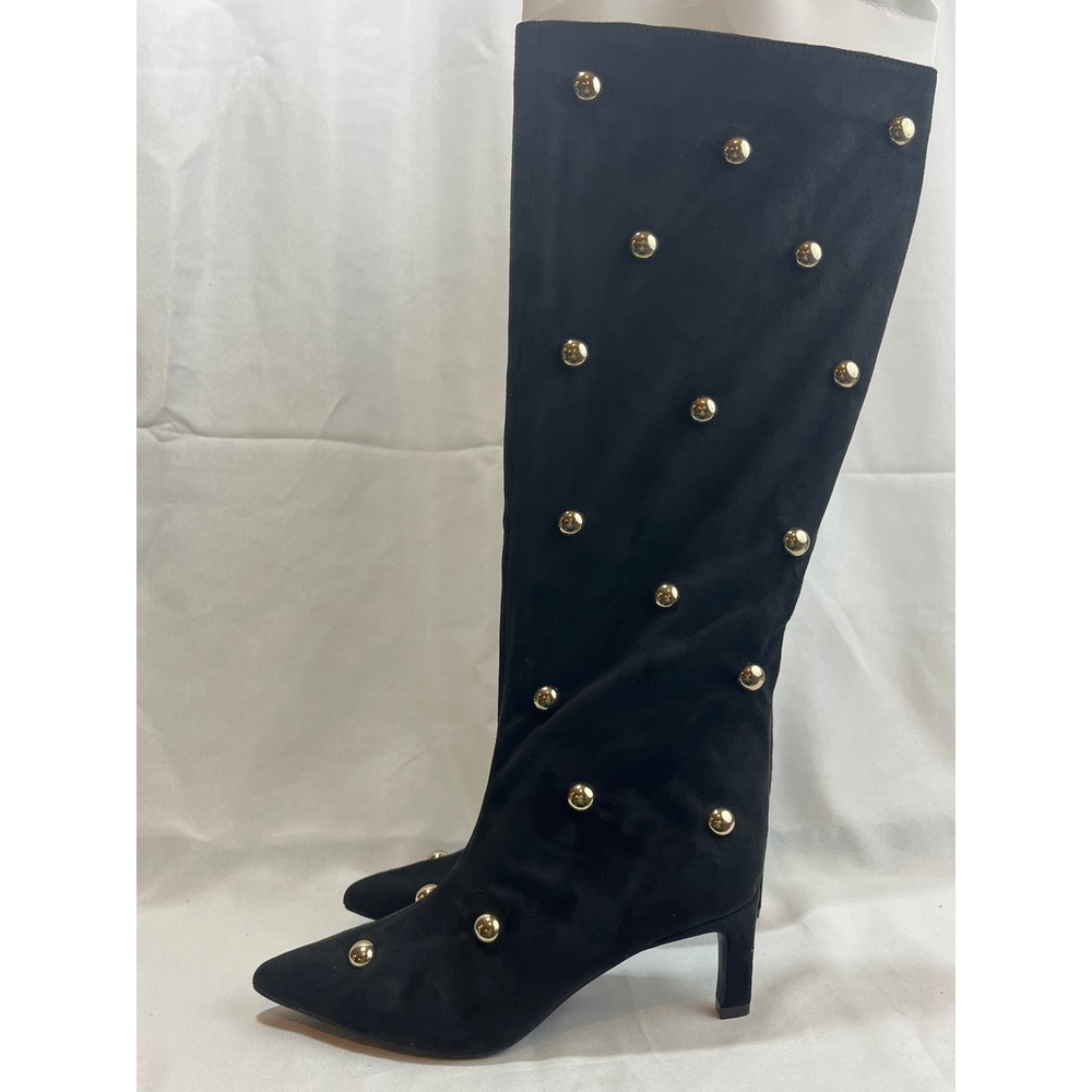 A New Day Women Black Faux Suede Gold Studded Knee High Kitten Heel Boots Size 6